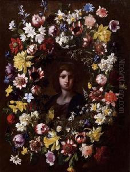 Ghirlanda Di Fiori Che Incornicia Ilvolto Di Gesu Fanciullo Oil Painting by Giovanni Stanchi