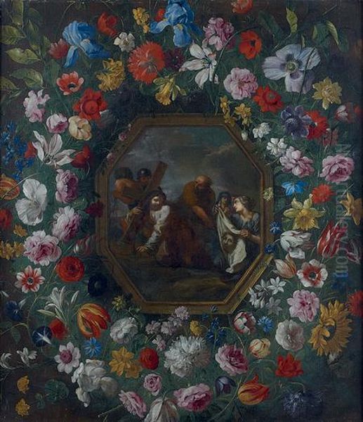 Le Voile De Veronique Dans Une Guirlande De Fleurs Oil Painting by Giovanni Stanchi