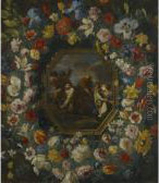 A Garland Of Flowers Surrounding An Octagonal Painting Of Christ Onthe Road To Calvary Oil Painting by Giovanni Stanchi