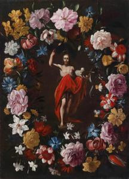 Detto Stanchi Dei Fiori Una 
Ghirlanda Di Fiori Intorno A Un Medaglione Con Cristo Risorto Oil Painting by Giovanni Stanchi