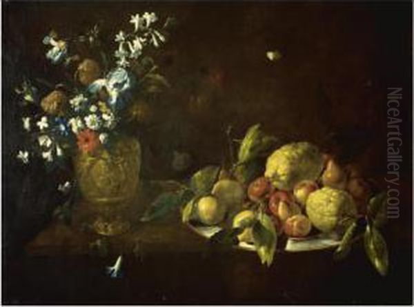 Still Life With Fruit Piled High On A Plate Beside A Bronze Urnfilled With Flowers Oil Painting by Giovanni Stanchi