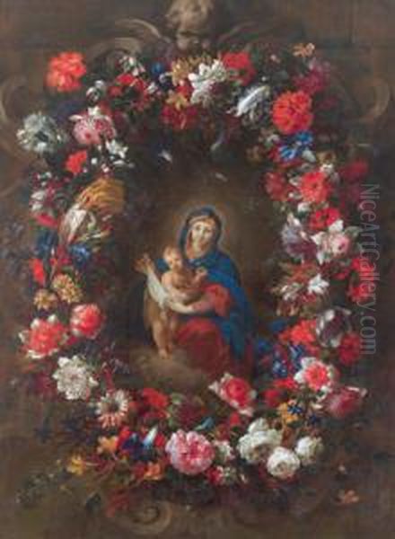 Madonna Im Blumenkranz/madonna E Bambino In Una Ghirlanda Di Fiori Oil Painting by Giovanni Stanchi