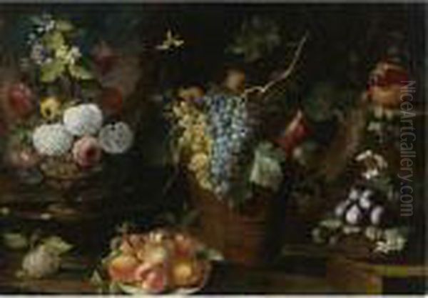 Still Life Of Flowers In A 
Sculpted Vase, Peaches On A Plate, Grapes And Pomegranates In A 
Terracotta Vessel, And Figs In A Basket, All In A Landscape Oil Painting by Giovanni Stanchi