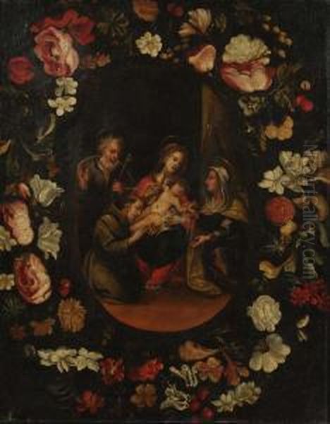 La Sacra Famiglia Con Sant'anna E San Francesco D'assisi,all'interno Di Una Ghirlanda Oil Painting by Giovanni Stanchi