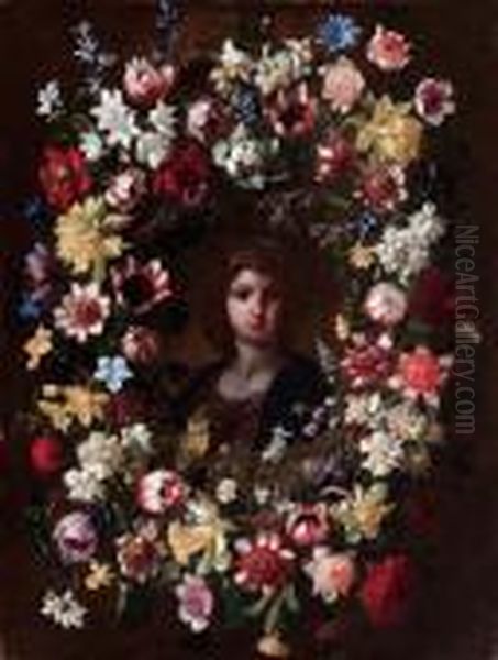 Ghirlanda Di Fiori Con Busto Di Gesu(?) Oil Painting by Giovanni Stanchi