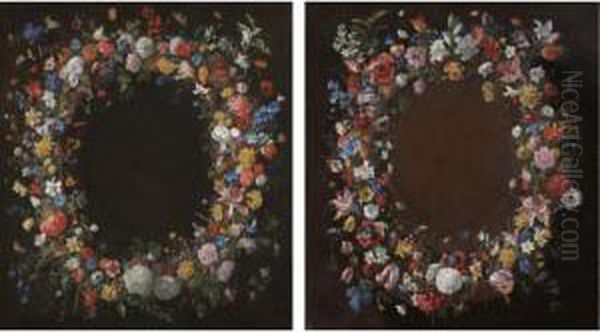 A Pair Of Still Lifes With 
Garlands Of Flowers Including Tulips, Peonies, Irises, Daffodils, 
Narcissi, Hyacinths, Morning Glory, Anemones, Roses, Poppies And Orange 
Blossom Oil Painting by Giovanni Stanchi