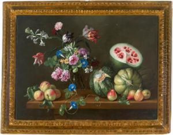 Natura Morta Con Fiori In Un Vaso Di Vetro Con Meloni E Mele; Olio Su Tela Oil Painting by Giovanni Stanchi