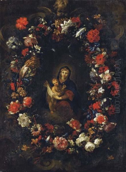 Vierge A L'enfant Dans Une Couronne De Fleurs Oil Painting by Giovanni Stanchi