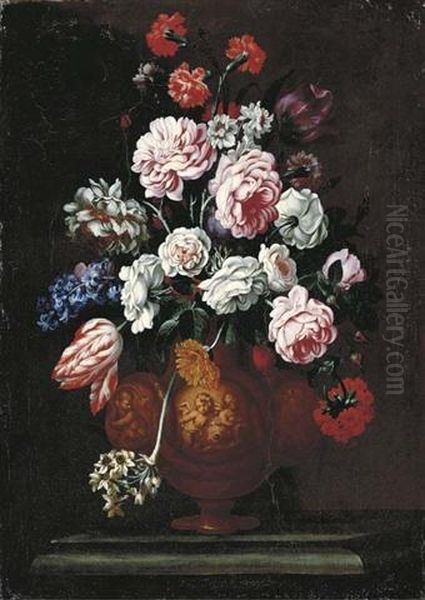 Roses, Carnations, Tulips And Other Flowers In A Sculpted Urn On A Stone Ledge Oil Painting by Giovanni Stanchi