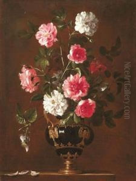 Mazzo Di Rose In Vaso Ad Appliques Bronzee Dorate Su Piano Roccioso Oil Painting by Giovanni Stanchi