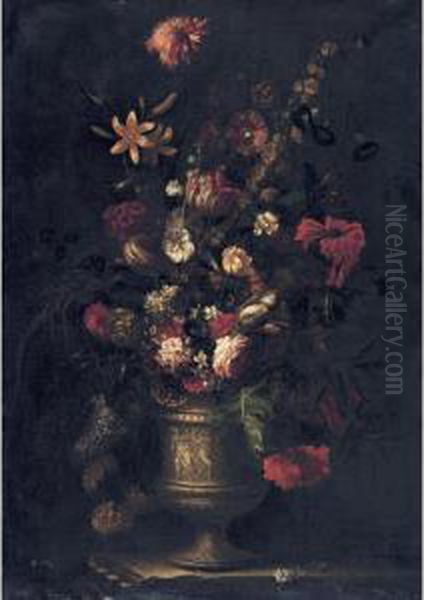 Still Life Of Flowers In A Vase, Resting On A Ledge Oil Painting by Giovanni Stanchi