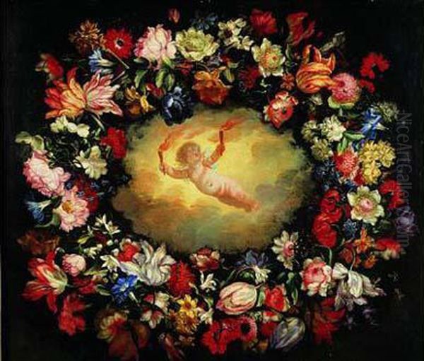 Un Amour Tenant Des Flambeaux Dans Une Guirlande De Fleurs Oil Painting by Giovanni Stanchi