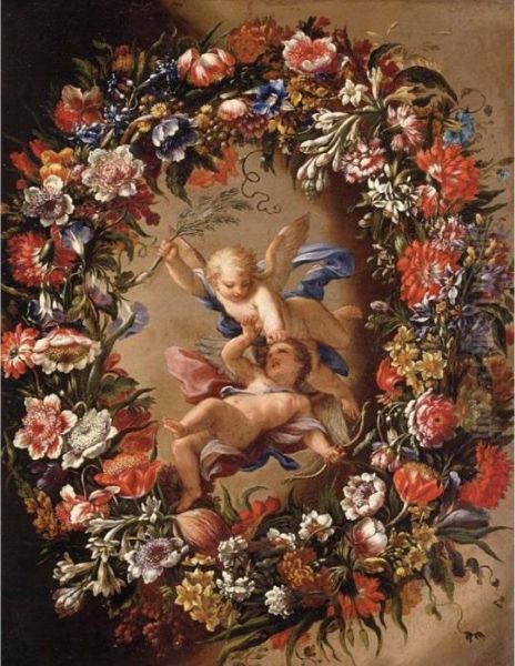 Putti Surrounded By A Garland Of Flowers Oil Painting by Giovanni Stanchi