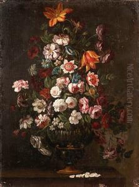 An Iris, Tulips, Roses, 
Carnations And Other Flowers In A Gilt Bronze Vase On A Tabletop; And 
Tulips, Roses, Peonies, Morning Glory And Other Flowers In A Gilt Bronze
 Vase On A Table Top Oil Painting by Giovanni Stanchi