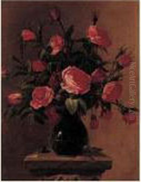 Bouquet De Roses Dans Un Vase Dispose Sur Un Entablement
 Sculpte Oil Painting by Giovanni Stanchi