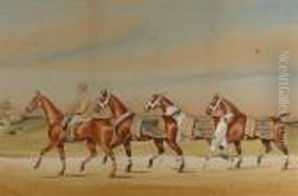 British Stable Lad Exercising 
Fours Horses; A Chestnut, A Piebald And Bays, Their Blankets Advertising
 Snowdon & Son, Horse Dealers Of Harrogate, The Stables In The 
Distance Oil Painting by Henry William Standing