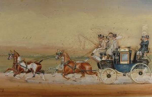 British Coach And Four With 
Ladies And Gentlemen Accompanied By Footmen, On The Way To The Races Oil Painting by Henry William Standing