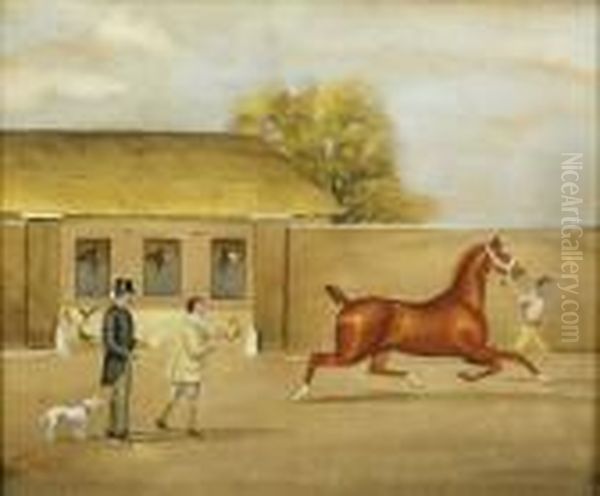 Exercising A Horse Outside A Stable Yard Oil Painting by Henry William Standing