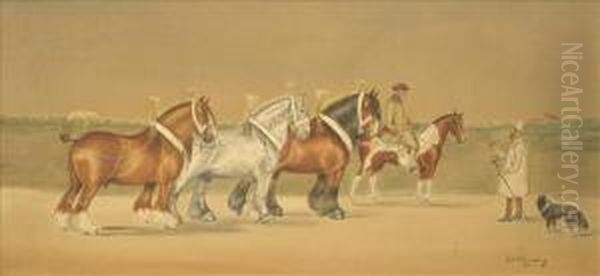 Offto The Show; Home From The Show, Heavy Horses, Their Owner Ridingon A Pony A Pair Oil Painting by Henry William Standing