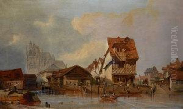 Figures On A River By A Town, With A Distant Cathedral Oil Painting by George Clarkson Stanfield