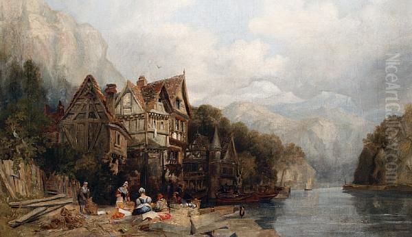 A River Landscape With Figures Mending Nets Inthe Foreground Oil Painting by George Clarkson Stanfield