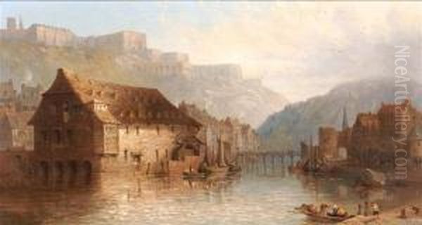 A Continental River Landscape With Figures Andbuildings Oil Painting by George Clarkson Stanfield