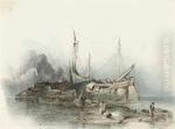 Vessels Anchored Inshore (recto); And A Lake Landscape (verso) Oil Painting by George Clarkson Stanfield