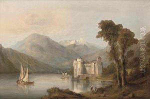 Figures Resting Beside An Alpine Lake, A Castle Beyond Oil Painting by George Clarkson Stanfield