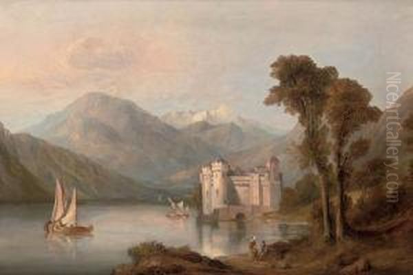 Figures Resting In An Alpine Lake Landscape Before A Castle Oil Painting by George Clarkson Stanfield