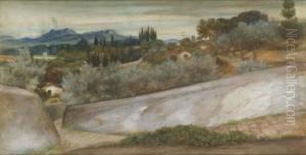 A Tuscan Landscape With Village And Olive Grove Oil Painting by John Roddam Spencer Stanhope