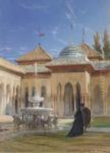 Figures In The Courtyard Of The Alhambra, Granada Oil Painting by Henry Stanier