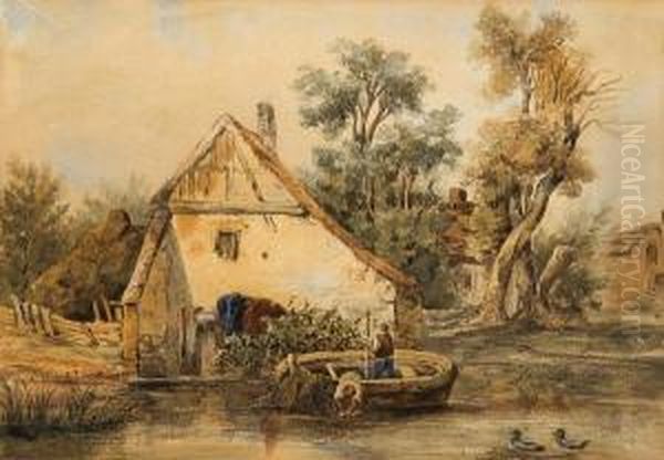 Fishermen Before A Cottage Oil Painting by Alfred Stannard