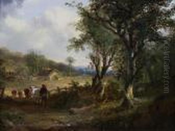 Drover And Cattle By Woodland Oil Painting by Alfred Stannard