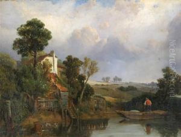 A Fisherman In A Boat Near A Cottage Oil Painting by Alfred Stannard