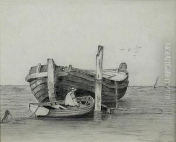 Study Of A Wherry With A Man In A Rowing Boat Oil Painting by Alfred Stannard