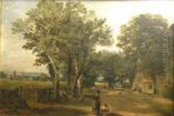 Figures On A Sunlit Country Road Oil Painting by Alfred Stannard