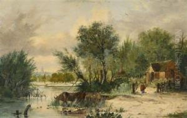 Old Lakenham - Cattle Watering Oil Painting by Alfred Stannard