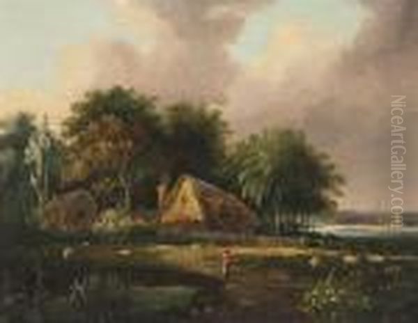 Figure And Sheep Before Woodland Cottages Oil Painting by Alfred Stannard