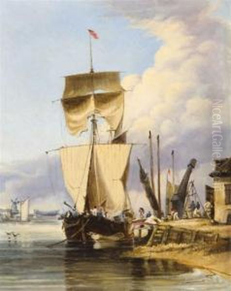 Vessel Alongside A Quay Oil Painting by Alfred Stannard