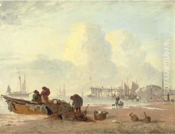 A Coastal Scene With Fisherfolk In The Foreground Oil Painting by Alfred Stannard