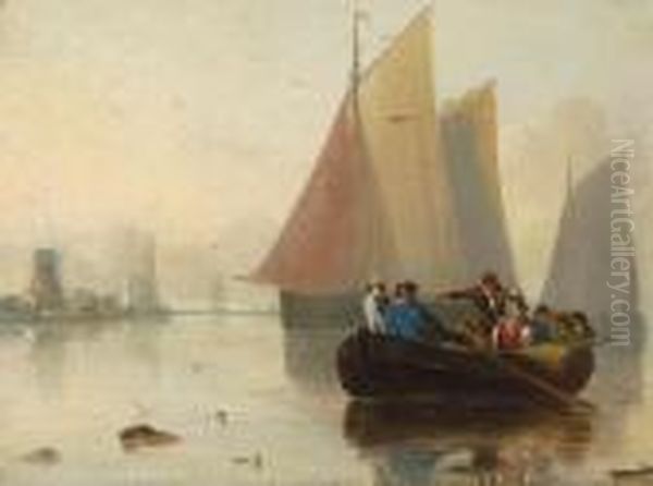 Norfolk River Scene With Figures In A Rowing Boat Oil Painting by Alfred Stannard