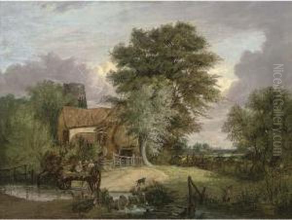 A Wooded Landscape With Figures In A Cart Crossing A Ford Oil Painting by Alfred Stannard