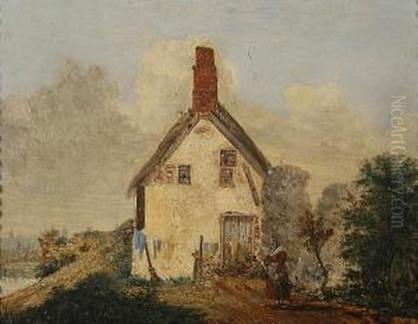 Woman At Her Washing Line By A Riverside Cottage Oil Painting by Alfred Stannard