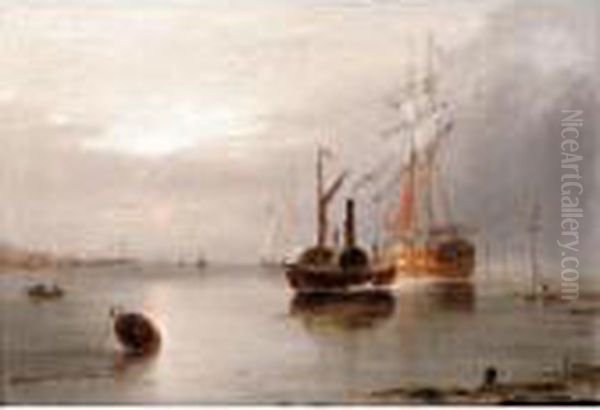 Shipping At Low Tide; Sailing On The River Yare Oil Painting by Alfred Stannard