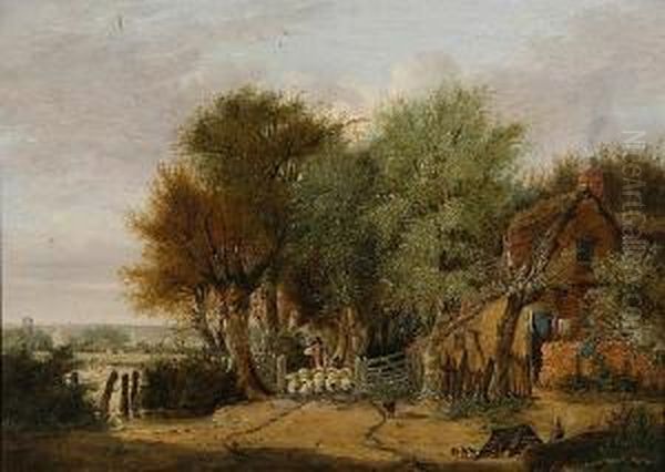 Shepherd And His Flock By A Woodland Cottage Oil Painting by Alfred Stannard