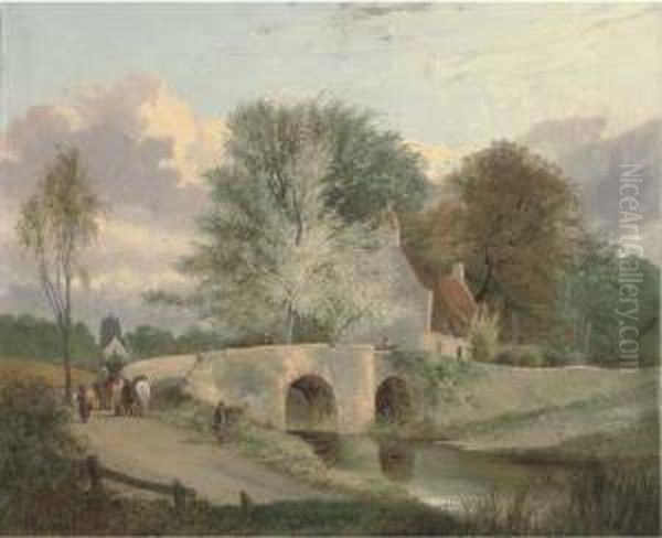 Figures On A Bridge With A Cottage Beyond Oil Painting by Alfred Stannard