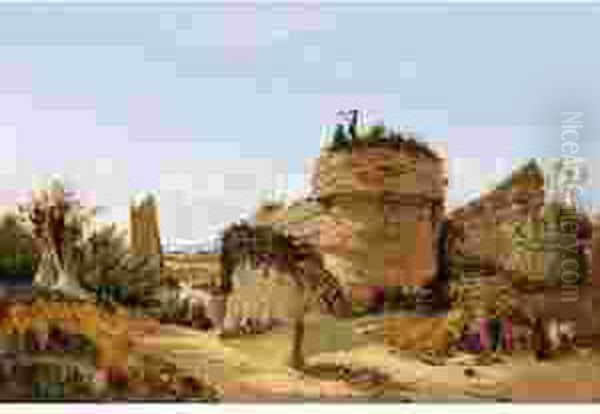 View Of Burgh Castle, Norfolk, 
Looking Towards Reedham, With A Gypsy Family Encamped In The Foreground Oil Painting by Alfred Stannard