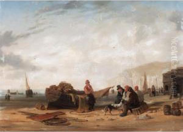 Fishermen By Their Boats At Low Tide Oil Painting by Alfred Stannard