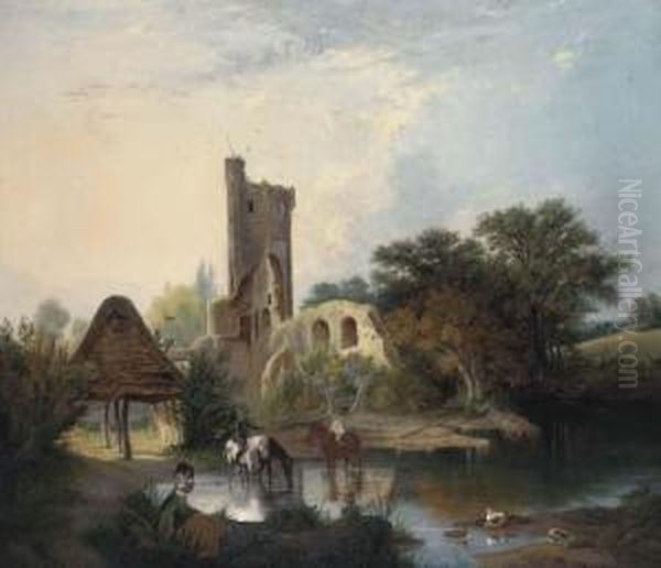 Horses Watering Before A Castle Ruin Oil Painting by Alfred Stannard