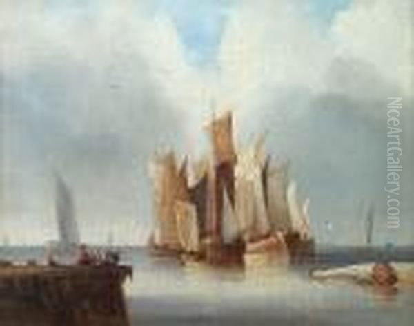 Fishing Boats At The Entrance To A Harbour Oil Painting by Alfred Stannard